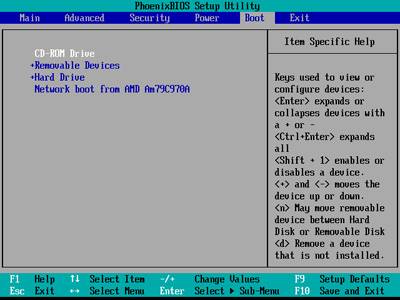 Exemple de l'écran de modification de l'ordre d'amorçage d'un BIOS AwardBIOS. Remarquez que dans cet exemple, les divers menus occupent la totalité de l'écran.