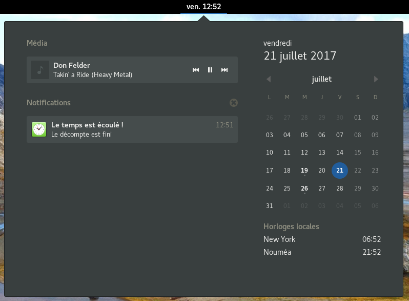 L'horloge et le centre de notifications, avec GNOME 3.22
